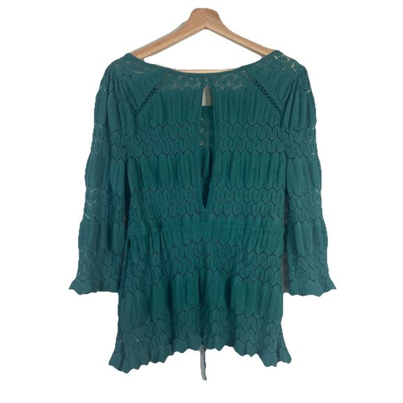 Free People Fire Island Blouse Crochet Top 3/4 Sleeve Knit Green size M Boho - Picture 7 of 12